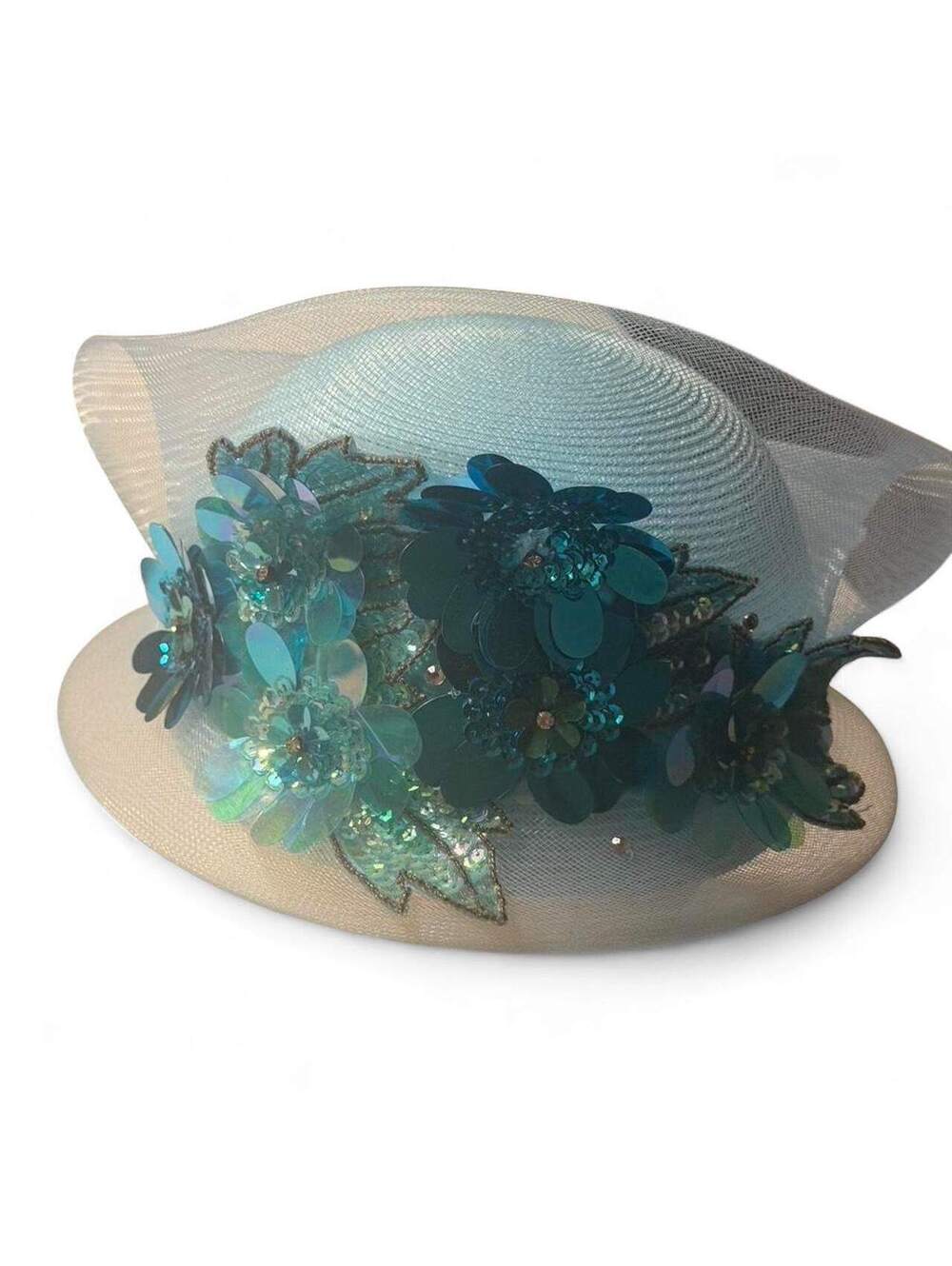 Elegant Light Blue Straw Hat w Sequin Floral Appliqué & Bow